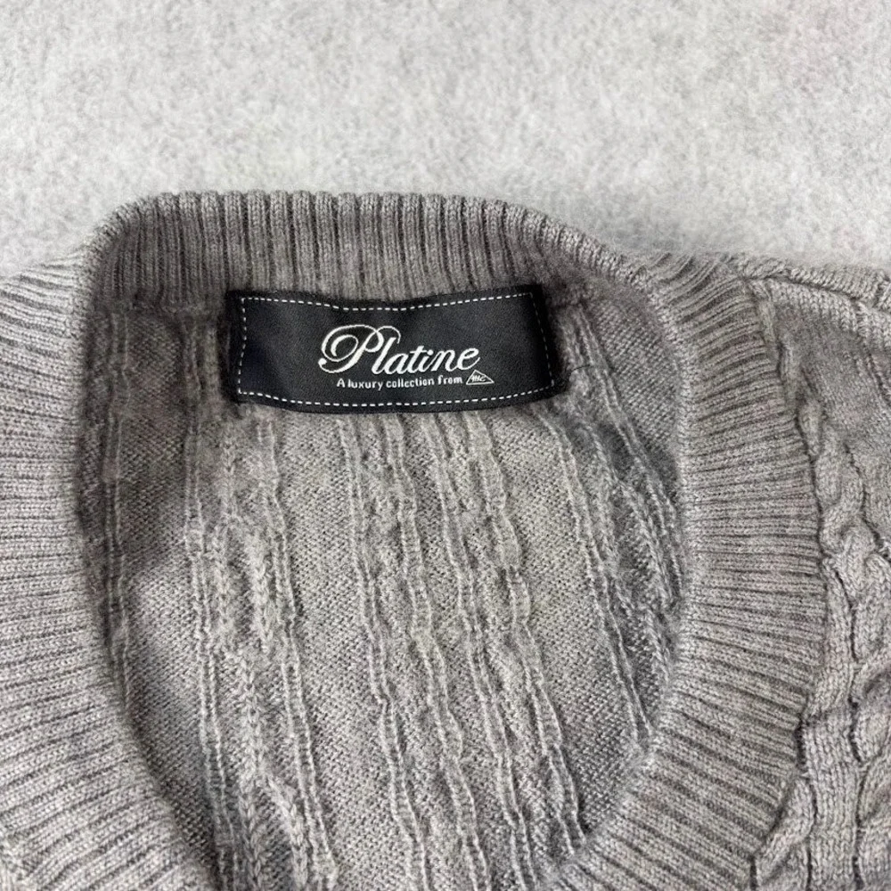 Platine V-Neck Sweater Mens 42 Gray Cable Knit Pure New Cash Wool Long Sleeve